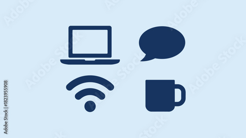 A collection of four dark blue icons on a light blue background depicting technology and communication