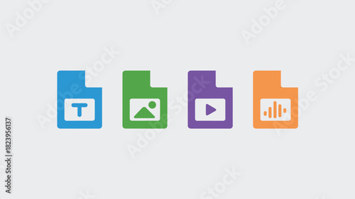 Four document icons in blue green purple and orange representing text image video and audio files