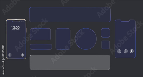 Liquid Glass Call Screen Interface & Push Notification UI ,Liquid BLUE plate for mobile phone ux, web interface, tech and hud. Rectangle and circle light frame with glow and reflection.