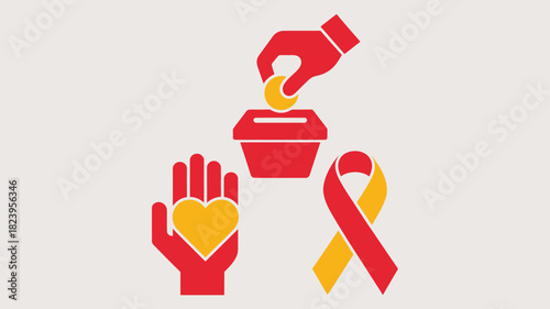 A red hand dropping a yellow coin into a red donation box with a heart and ribbon on a white background