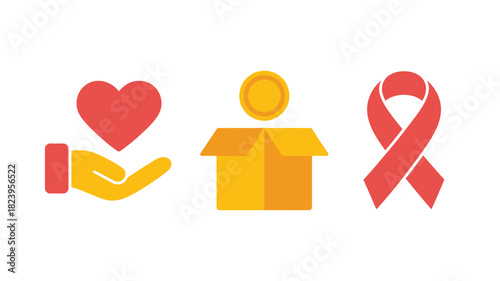 Illustration of hand holding heart, box with coin, and red ribbon on a white background design