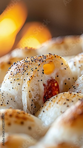 A detailed, close-up shot of a baked bread creation, revealing melted cheese and slices of pepperoni nestled within its dough. The bread is sprinkled with poppy