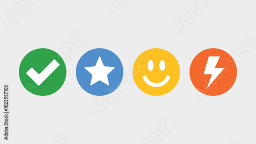 A set of four colorful circular icons with a check star smiley and lightning bolt on a gray background
