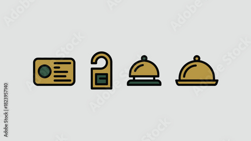 A hotel key card, a door hanger, a service bell, and a food platter on a gray background icons