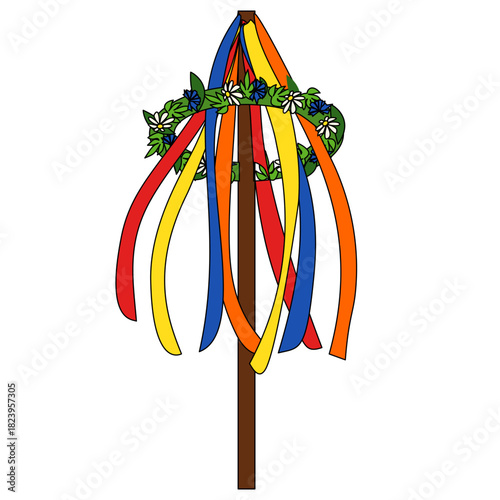 Traditional midsummer maypole decorated with colorful ribbons, symbolizing Swedish Midsommar celebrations and summer festivities.