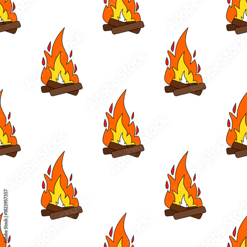Seamless bonfire pattern on white background, ideal for summer festivals, camping themes, campfire illustrations and seasonal designs.
