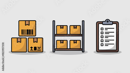 Illustration of stacked boxes, boxes on a shelf, and a clipboard with a checklist on a light background