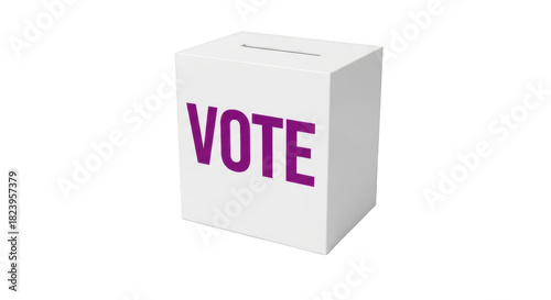 White ballot box with the word vote in purple