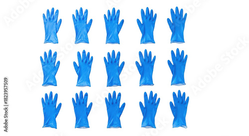 Collection of blue medical gloves arranged in rows isolated on transparent background
