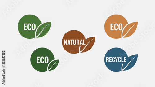 A collection of eco friendly and natural icons with leaves and circular designs on a light background