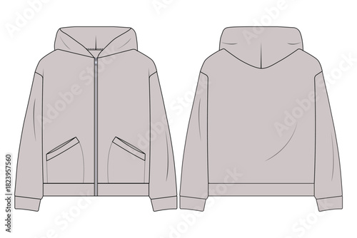 Oversized zip-up hoodie technical fashion flat sketch with drop shoulders.
Vector template of hooded jacket with zipper and welt pockets.
Drop shoulder sweatshirt flat sketch, Front back.