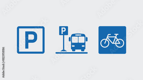 Blue parking bus stop and bicycle signs arranged in a row on a light gray background image illustration