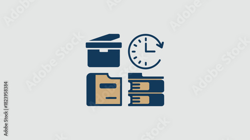 A graphic showing a printer a clock with an arrow and two folders on a light gray background