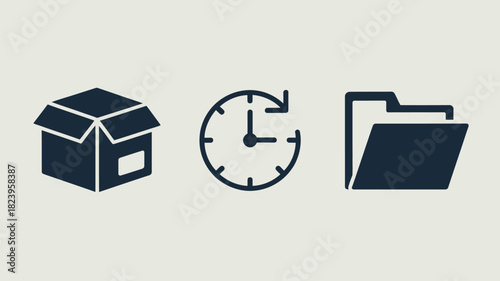 A simple illustration showing an open box, a clock with an arrow, and a file folder icon in navy