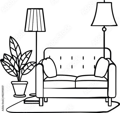 Living Room Lounge Area Line Art Vector