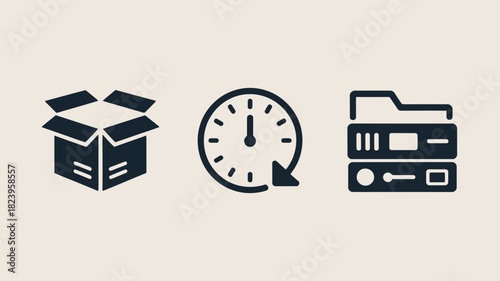 Illustration showing a cardboard box, a clock with a circular arrow, and a server rack icon