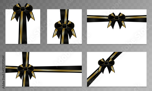 Black and gold ribbon bow set on checkered background. Luxury gift decoration elements for festive packaging, greeting cards, invitations, and graphic design projects