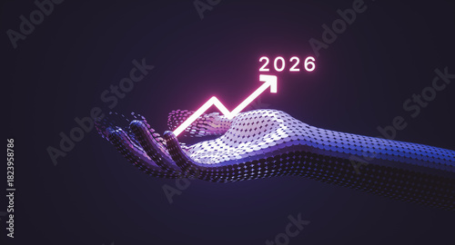 Futuristic Digital Hand Holding Rising Growth Chart with illuminated year 2026. 3d rendering