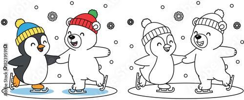 Cute cartoon penguin and polar bear ice skating together coloring page. Vector illustration of happy winter animals holding hands on ice rink with outline for kids.