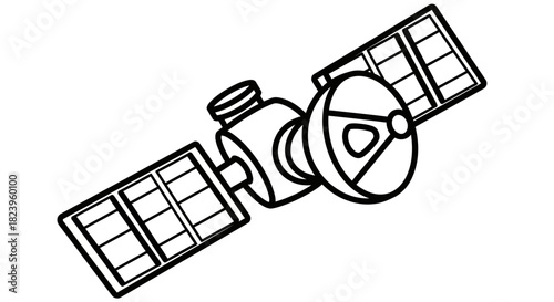 A simple black and white line art icon of an artificial satellite, representing space technology and global communication systems