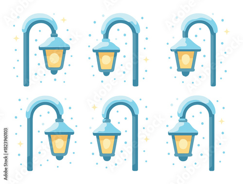 Repeating blue street lamps with snow and yellow stars pattern