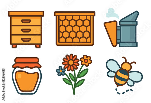 Colorful icons of beekeeping tools and symbols