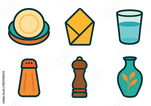 Colorful kitchen items: plates, napkin, glass, salt shaker, pepper mill, vase icons