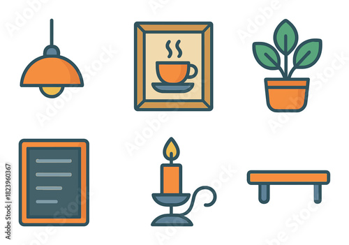 Cozy home decor elements: cup art, candle holder, lamp, pot plant, frame, shelf