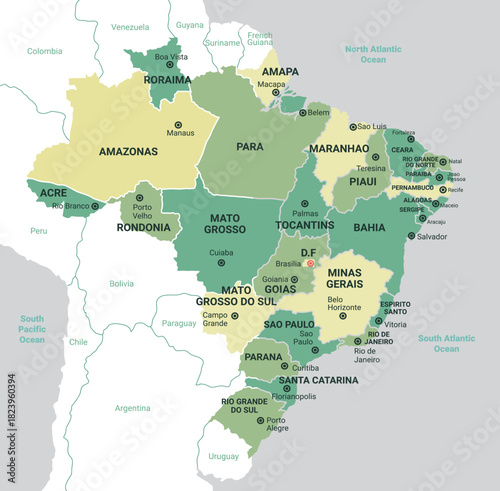 Brazil colorful map with state names