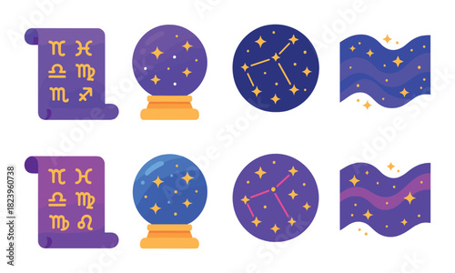 Colorful astrological symbols with zodiac signs and constellations