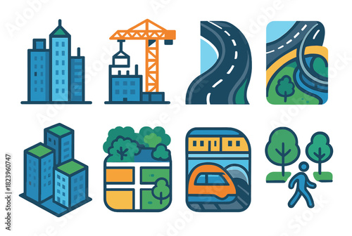 Urban development icons with buildings, roads, and transport symbols