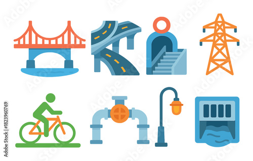 Stylized infrastructure icons featuring roads, bridges, and energy elements