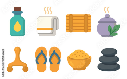 Spa essentials: oil, towel, mats, steamer, massager, sandals, scrub, stones