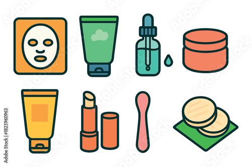 Skincare beauty products icon set featuring face mask and lipstick