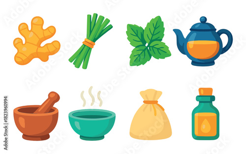 Herbal medicine icons: ginger, lemongrass, mint, teapot and mortar set