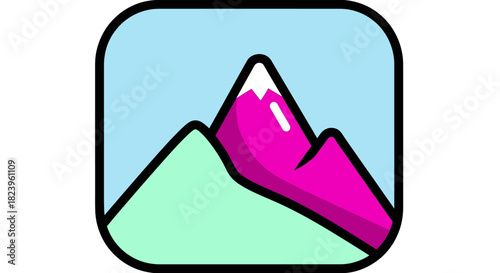 Stylized Mountain Icon Pink Peak and Green Slope Illustration.