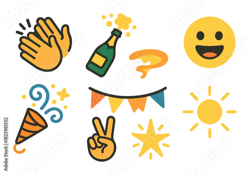 Colorful emoji celebration with party icons and bright symbols