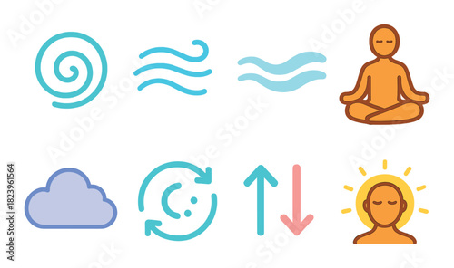 Meditative symbols and icons of relaxation and balance on gradient background