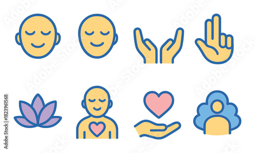 Mindfulness symbols: meditation, yoga, and healing icons with calm expressions