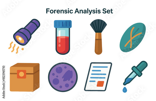 Forensic analysis tools illustration: flashlight, test tube, brush, dna, case, microscope, document, dropper