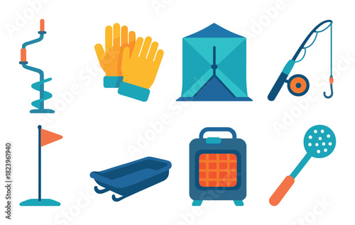 Neon glowing camping essentials: tent, gloves, heater, and fishing gear