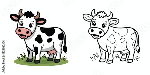 Cute cartoon cow illustration and outline for coloring