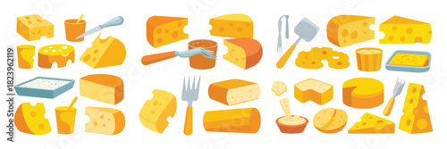 Collection of various cheese types and cheese serving utensils