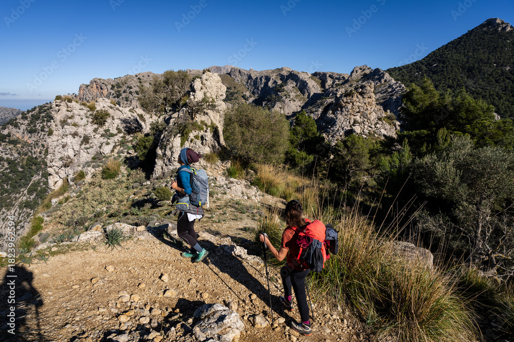 Naklejka premium Hikers ascending the Puig de Cornadors, Natural area of the Serra de Tramuntana., Majorca, Balearic Islands, Spain