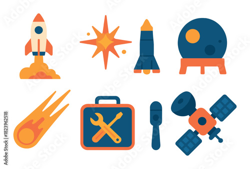 Colorful space icons: rocket, star, meteor, satellite, tools, moon lander