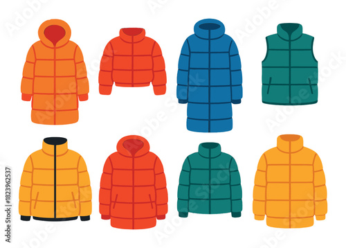 Colorful winter jackets collection featuring various styles and designs