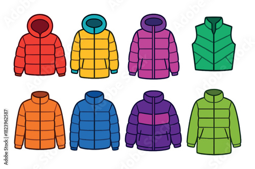 Colorful puffer jackets and vests on gradient background