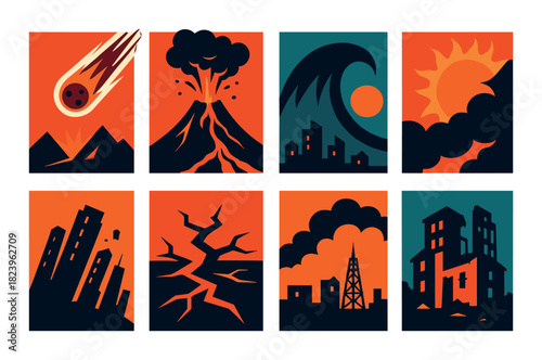 Natural disaster icons: meteor, volcano, tsunami, sunburst, cityscape destruction, earthquake, oil rig, ruins