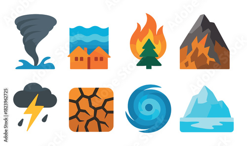 Eight colorful icons representing natural disasters and weather phenomena