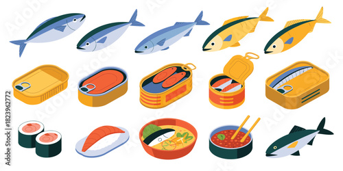Collection of canned fish and sushi illustrations